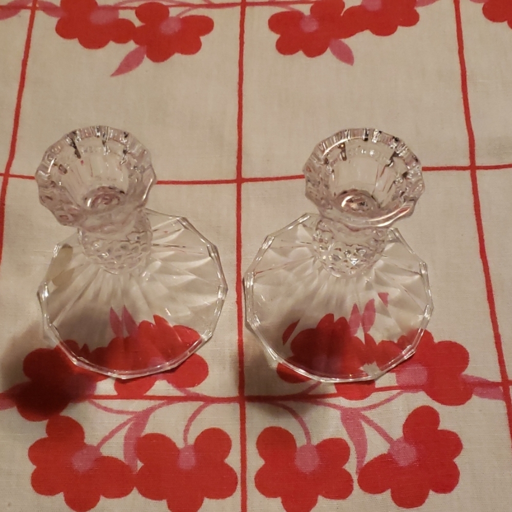 * Lead Glass Crystal Candle Holder Pair Vintage